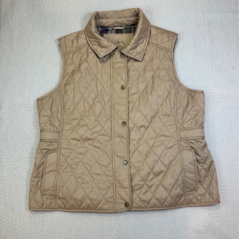 LL Bean Quilted Vest Women XL Pet Tan Polyester Plaid Lined Classic Outdoor Chic